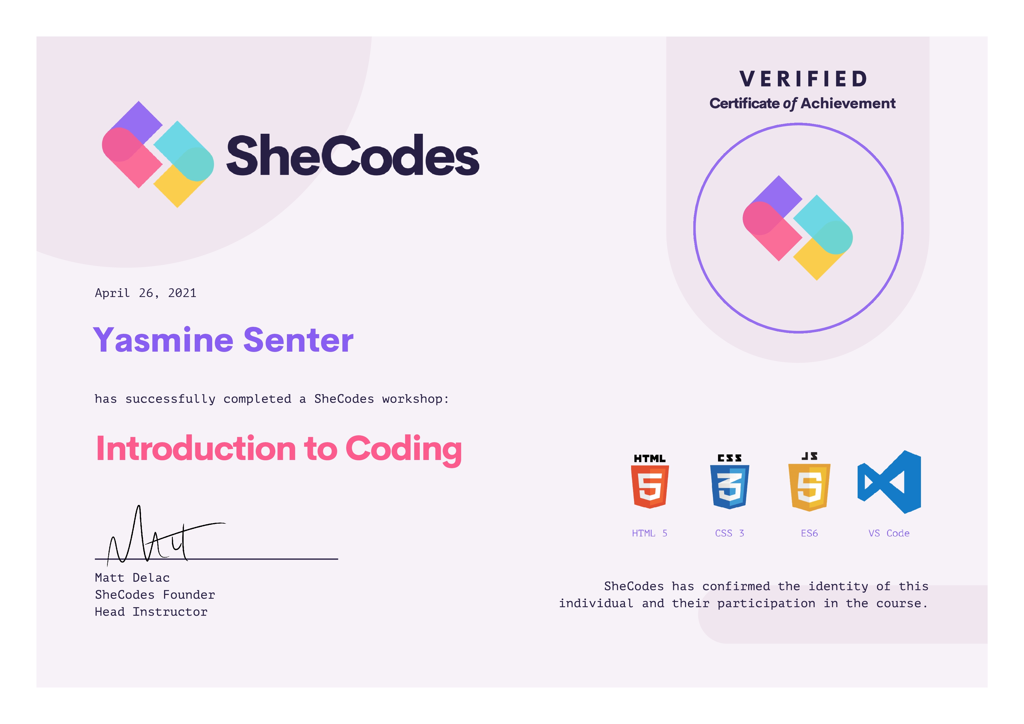 SheCodes Basic Certificate